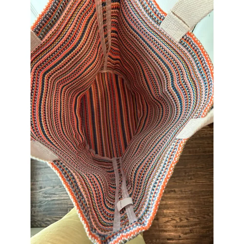 Beach Bag Striped Boho Orange Pom Pom Charm